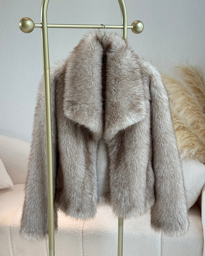 Turn-down Collar Long Sleeve Faux Fur Coat Jacket Casual Warm Fluffy Cropped Coat