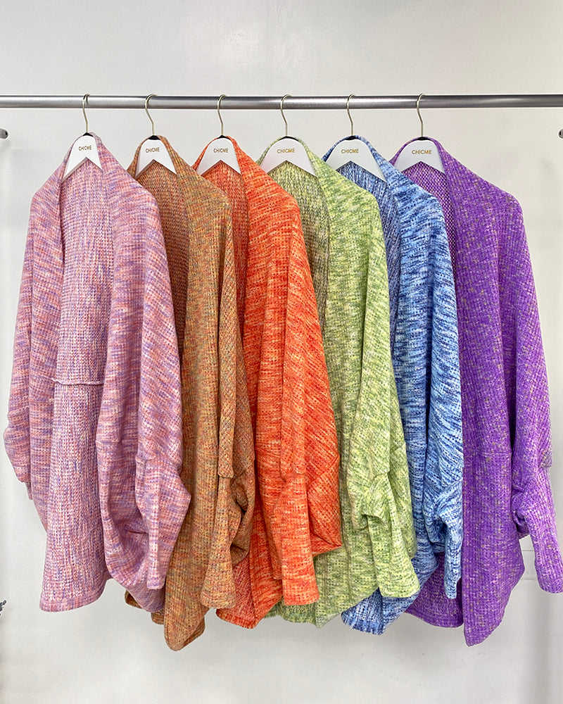 Colorful Waffle Knit Open Front Coat Batwing Long Sleeve Cardigan