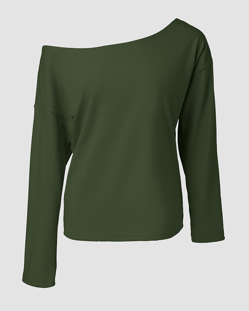 2 Pieces Outfit Long Sleeve Skew Neck Pullover Top and Drawstring Elastic Waist Slim Fit Pants Set