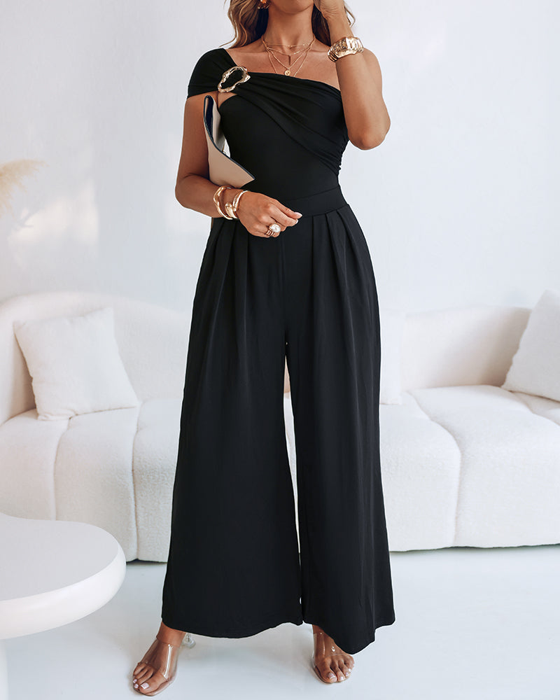 Cold Shoulder Ruched Buckle Wide Leg Jumpsuit
