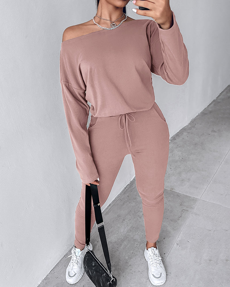 2 Pieces Outfit Long Sleeve Skew Neck Pullover Top and Drawstring Elastic Waist Slim Fit Pants Set