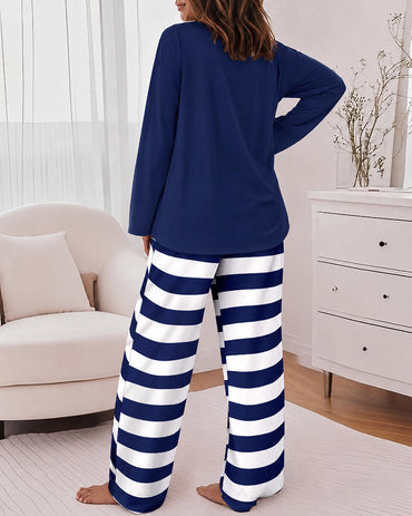 Women's 2 Piece Pajama Set Anchor Long Sleeve Top and Striped Wide Leg Pants Casual Lounge Set