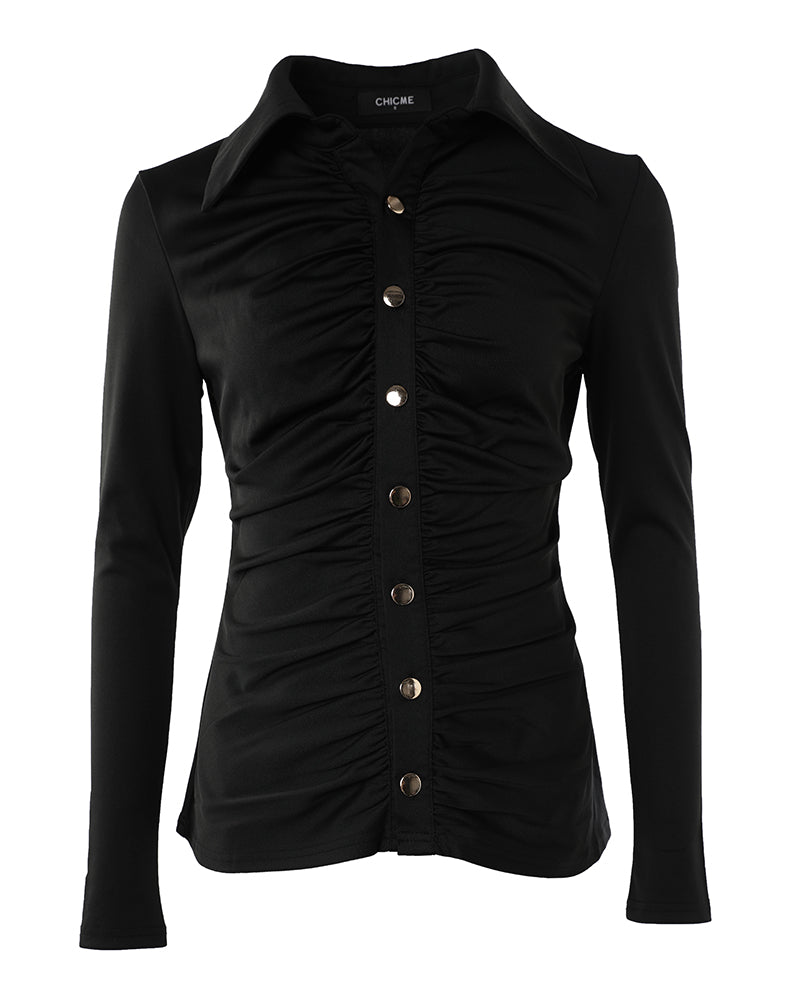 Long Sleeve Button Down Shirt Collar Neck Ruched Fitted Top