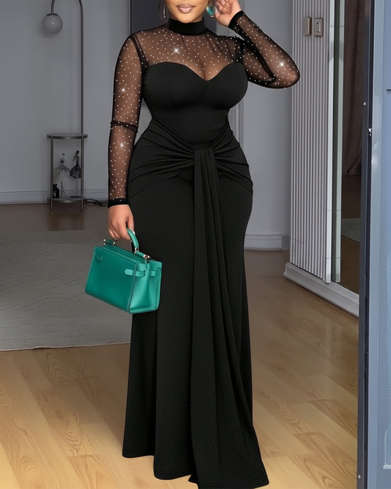 Rhinestone Decor Mock Neck Mesh Yoke Zipper Back Party Dress Cinched Waist Draped Mermaid Hem Maxi Evening Dress