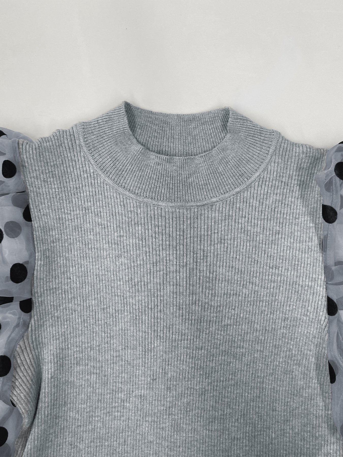 Dot Mesh Patch Mock Neck Puff Sleeve Blouse Casaul Pullover Knit Top
