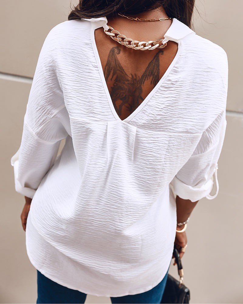 Metal Chain Decor Turn-down Collar Turn-Up Sleeves Front Button Shirt Casual Backless Asymmetrical Hem Top