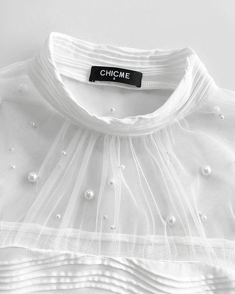 Pearls Decor High Neck Sheer Mesh Spliced Ruched Tee Hollow-out Back Slim Fit Textured Top