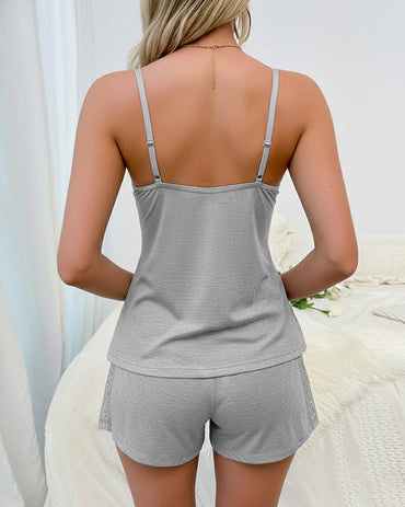 2 Pieces Outfit Bowknot Decor Deep V-Neck Adjustable Spaghetti Straps Cami Top and Elastic Waist Shorts Set Casual Lace Spliced Knit Pajamas Set