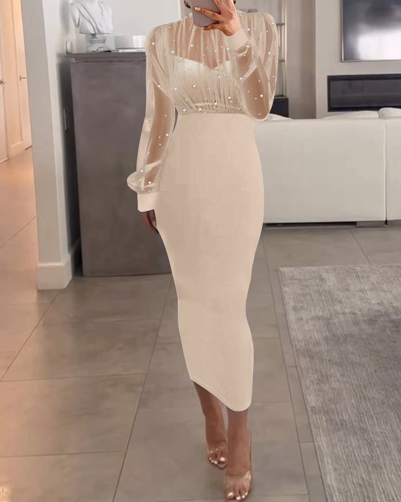 Mock Neck Sheer Mesh Spliced Beaded Bodycon Dress Zipper Back Slit Party Dress