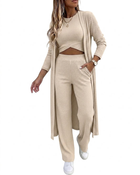 CHICMELIVE Women's 3 Piece Lounge Set Ribbed Cardigan Tank Wide Leg Pant