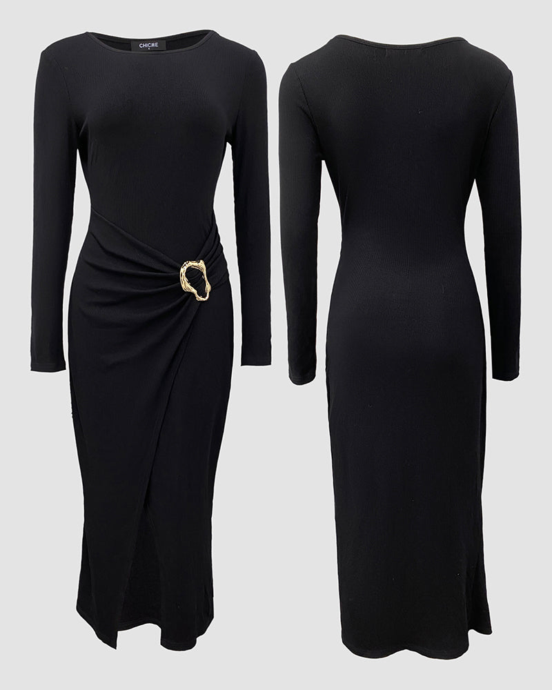 Metal Ring Decor Wrapped Slit Ribbed Commuting Dress Cinched Waist Slim Fit Mid-Length Dress
