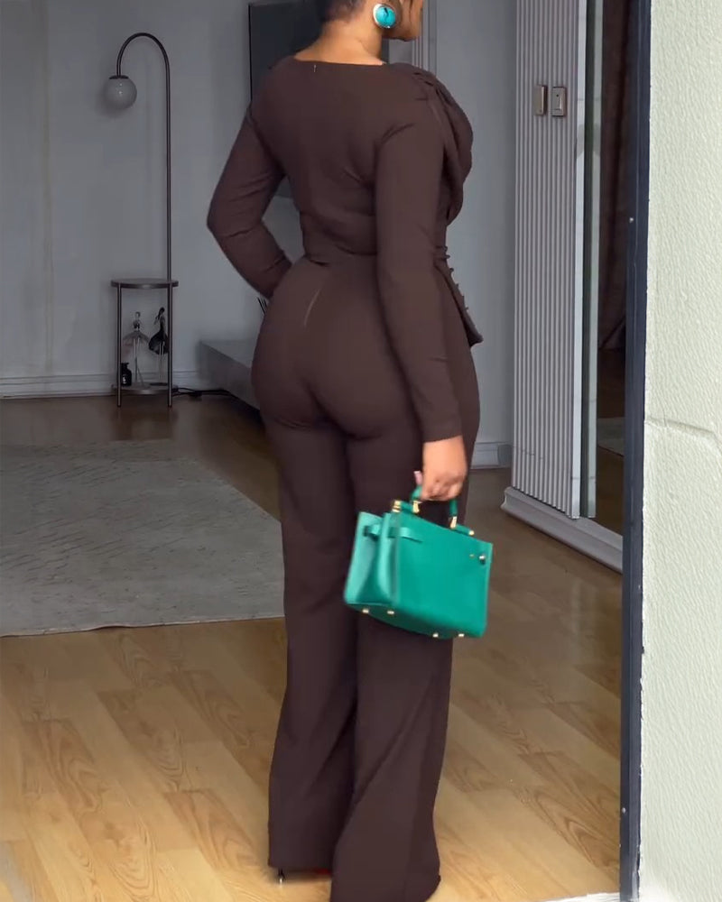 Cowl Neck Asymmetrical Textured Patchwork Cinched Waist Jumpsuit Casual Zipper Back Wide Leg Jumpsuit