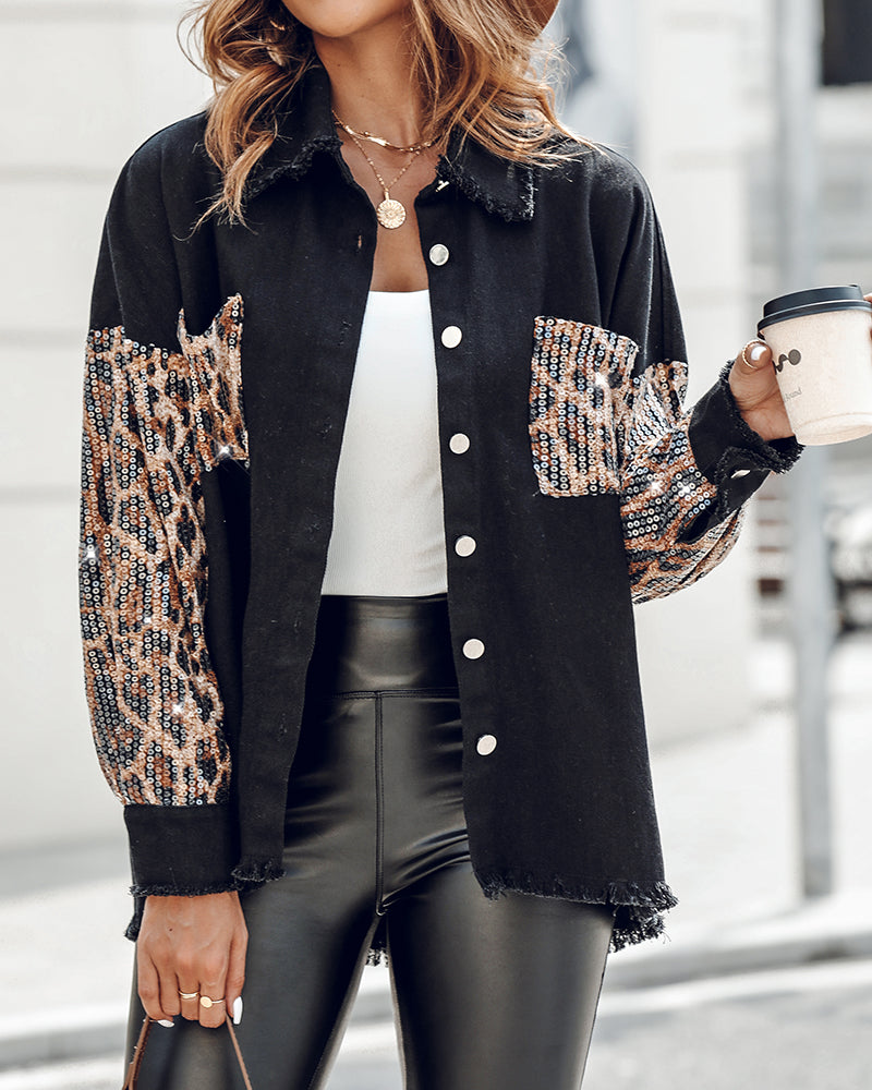 Contrast Leopard Sequin Patchwork Long Sleeve Jacket Top Button Front Raw Hem Shacket