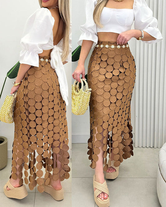 Women‘s Lace Tassel Trim Bodycon Skirt Hollow-Out Detail High Waist Pencil Skirt with Side Zipper