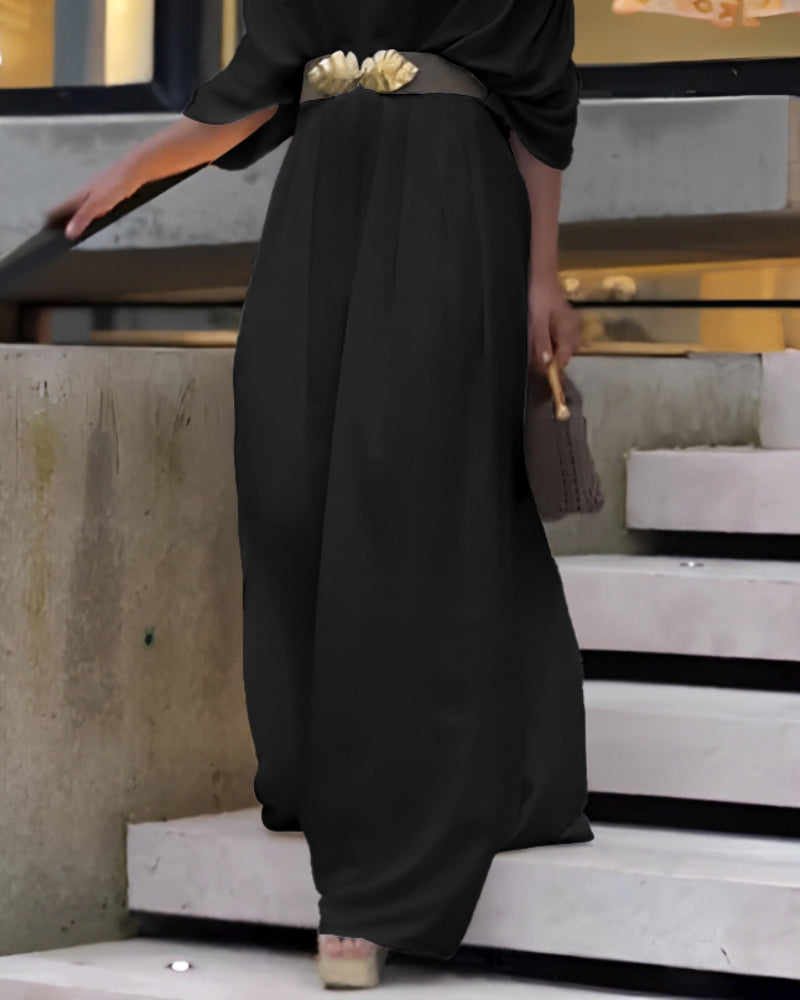 Deep V-Neck Ruched Three Quarters Sleeve Backless Overalls Casual Waist-Gathered Tied Detail Jumpsuit without Belt