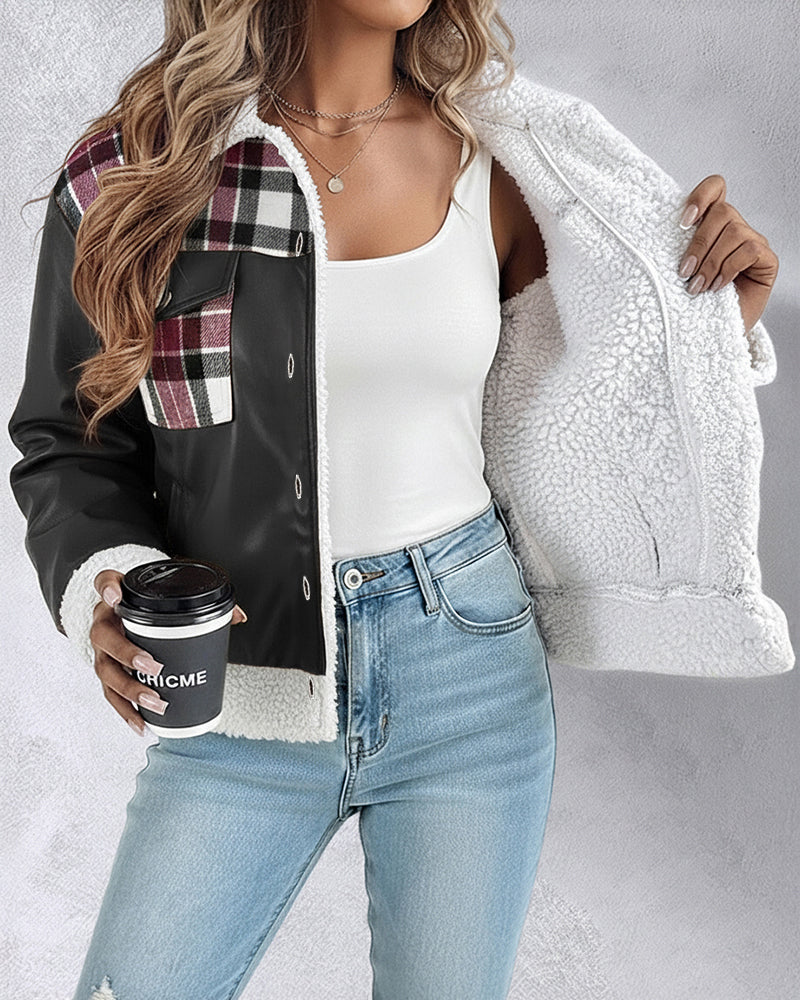 PU Leather Plaid Print Spliced Turn-down Collar Button Front Thermal Lined Jacket Casual Faux Shearling Trim Flap Pockets Design Crop Warm Coat