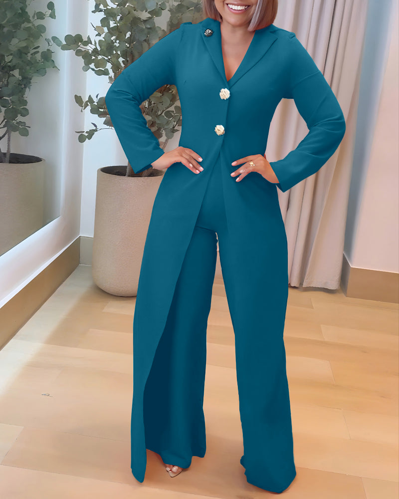 Notched Collar Long Sleeve Button Front Jumpsuit Casual Cinched Waist Wide Leg Faux Two-Piece Jumpsuit