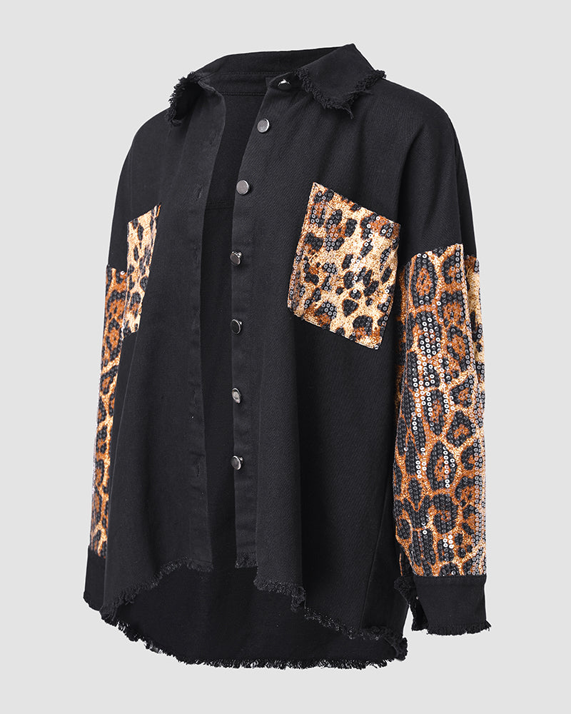 Contrast Leopard Sequin Patchwork Long Sleeve Jacket Top Button Front Raw Hem Shacket