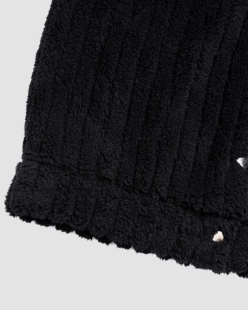 Textured Striped Turn-down Collar Button Front Elastic Cuff and Hem Teddy Fleece Jacket With Decorative Flap Pockets