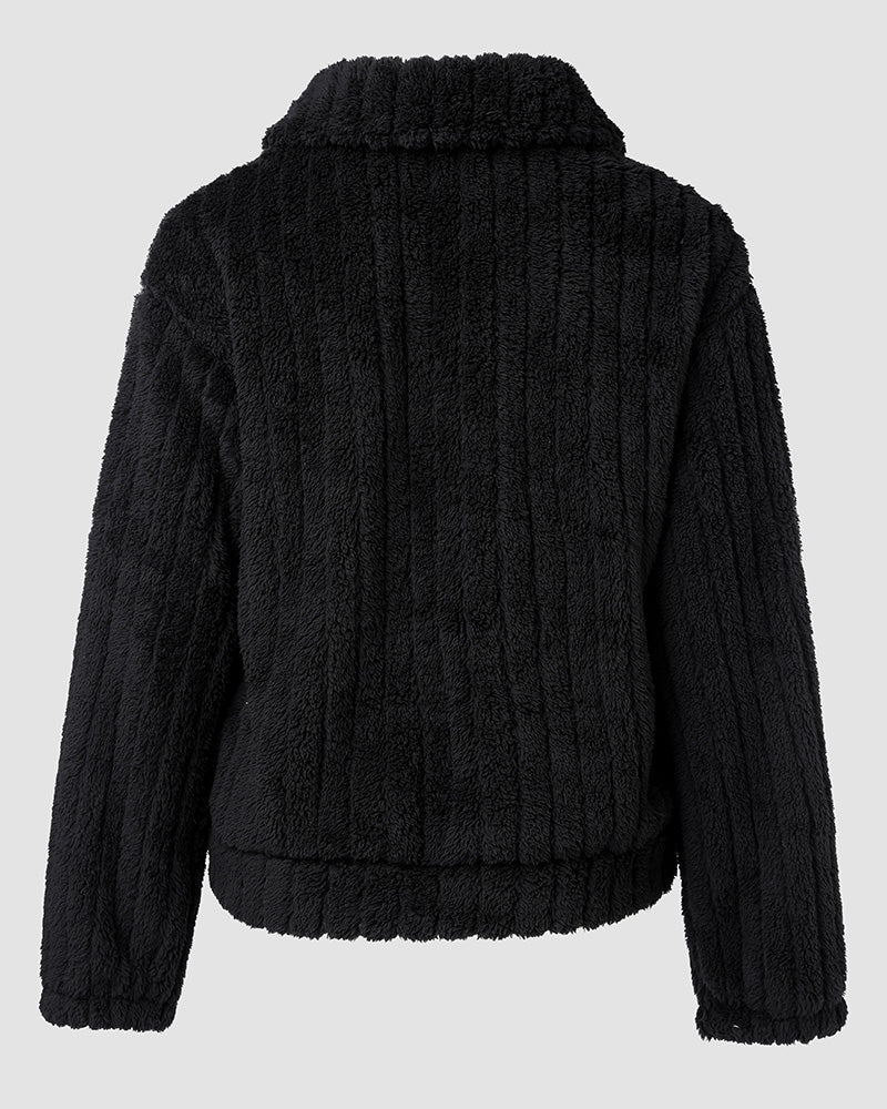 Textured Striped Turn-down Collar Button Front Elastic Cuff and Hem Teddy Fleece Jacket With Decorative Flap Pockets