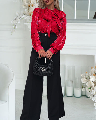 Tie Neck Beaded Long Sleeve Tied Detail Blouses Casual Shirts