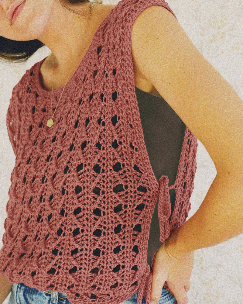 Round Neck Sleeveless Hollow-out Crochet Sweater Casual Tie Side Breathable Crop Top