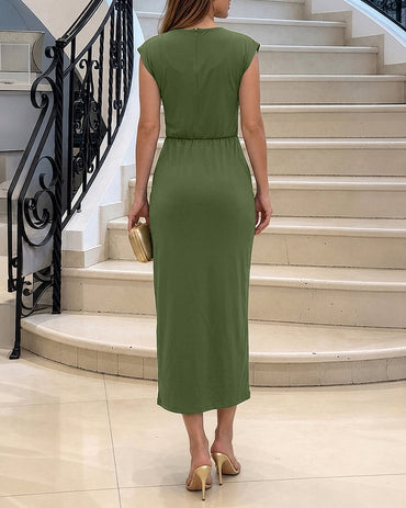 Women's Cap Sleeve Midi Dress Elegant Twist Gold Buckle Evening Dress Ruched Party Dress