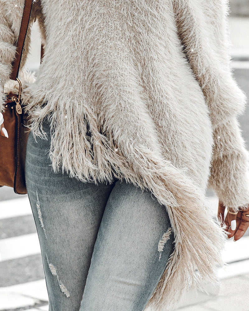 V-Neck Long Sleeve Sweater Fringe Pullover Casual Tassel Fall Winter Top