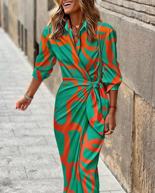 Abstract Print Turn-down Collar Tied Detail Ruched Dress Casual Wrap Front Vacation Dress