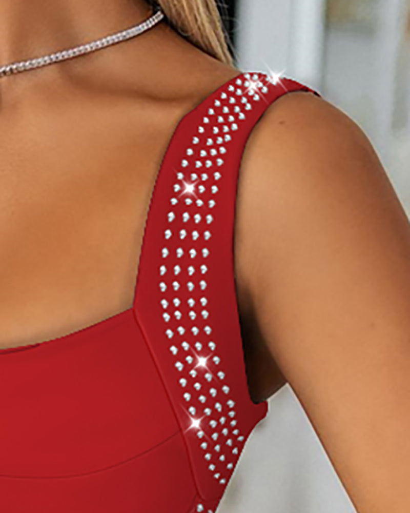 V-Neck Sleeveless Bodycon Dress Rhinestone Clubwear Birthday Party Midi Dress