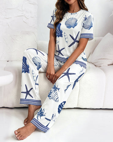 Women's 2 Piece Ocean Style Print Lounge Sets Short Sleeve T Shirt and High Waisted Wide Leg Pants Pajamas Sets with Pockets