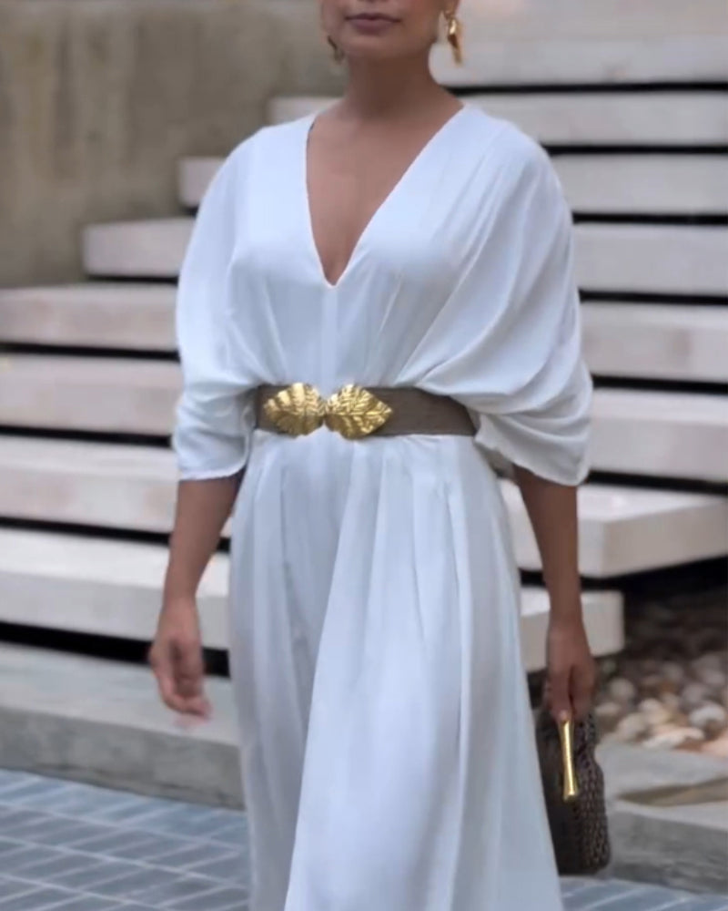 Deep V-Neck Ruched Three Quarters Sleeve Backless Overalls Casual Waist-Gathered Tied Detail Jumpsuit without Belt