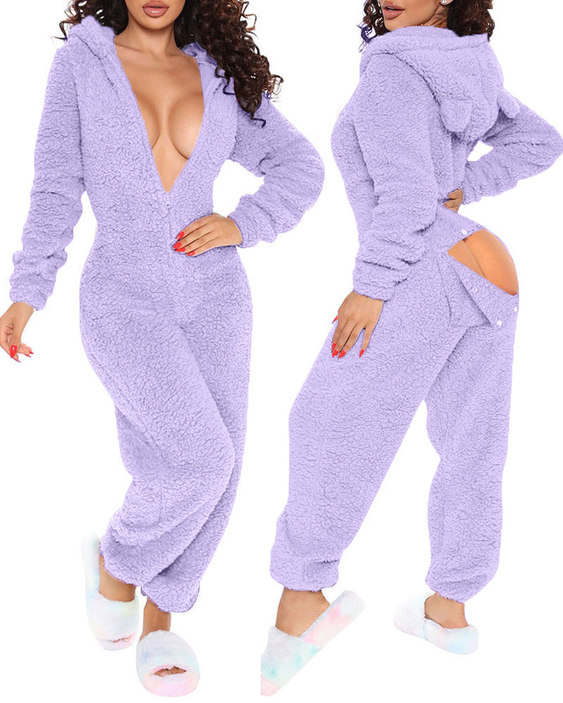 3D Ear Buttoned Flap Functional Fluffy Lounge Jumpsuit