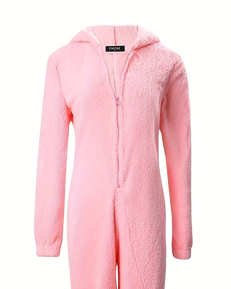 3D Ear Buttoned Flap Functional Fluffy Lounge Jumpsuit