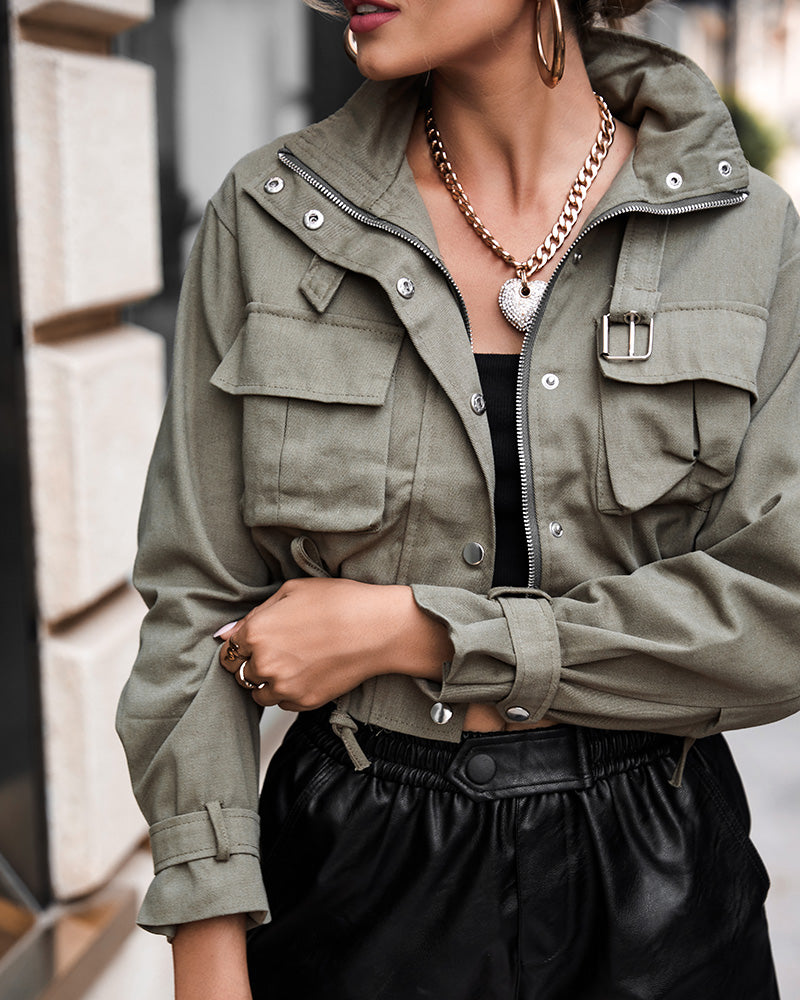 High Neck Zip Up Snap Button Front Flap Pockets Design Cargo Biker Jacket Casual Drawstring Crop Coat