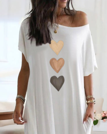 Heart Print Skew Neck Short Sleeve Maxi Dress Casual Pockets Design Loose Fit Loungewear Dress