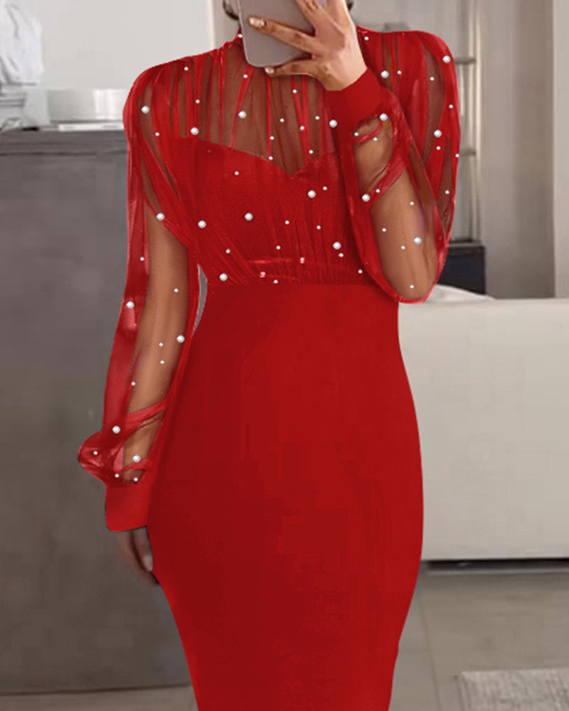 Mock Neck Sheer Mesh Spliced Beaded Bodycon Dress Zipper Back Slit Party Dress
