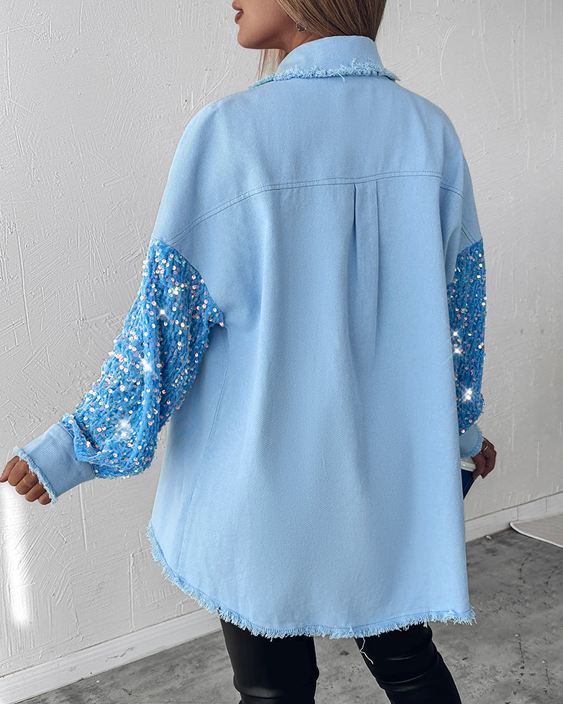 Casual Jacket Sequin Patchwork Long Sleeve Jacket Top Button Front Raw Hem Oversized Denim Shacket