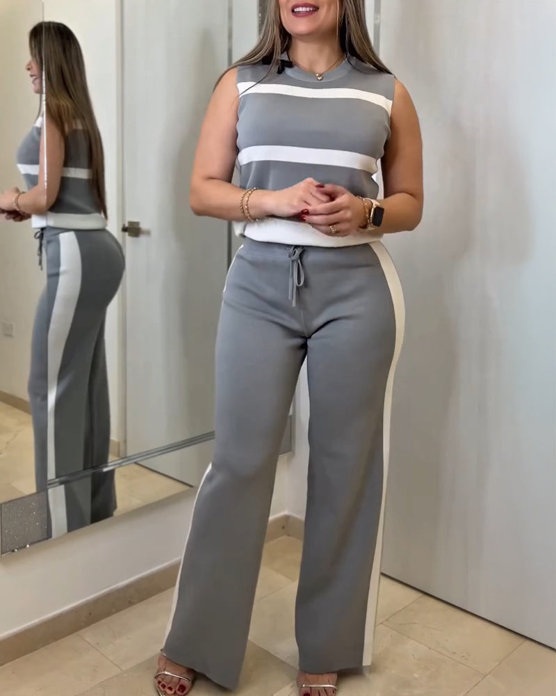 Striped Print Round Neck Sleeveless Top and Casual Elastic Waist Drawstring Pants Sets