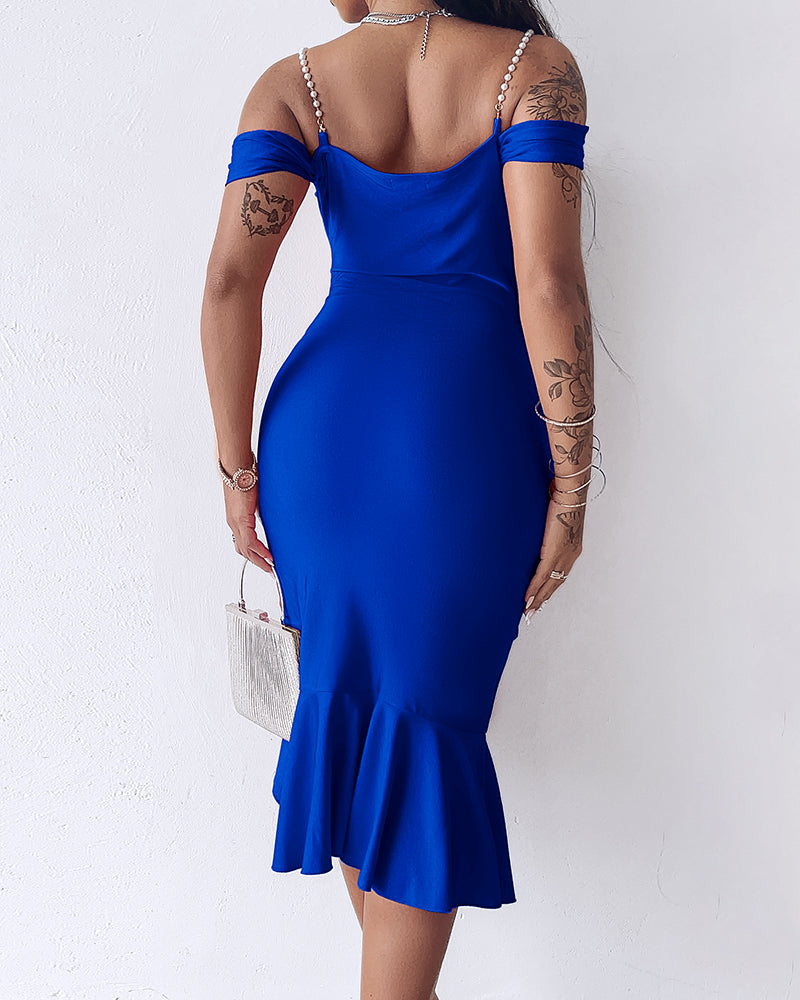 Cold Shoulder Pearls Straps Bodycon Dress Cowl Neck Asymmetrical Ruffle Hem Party Dress