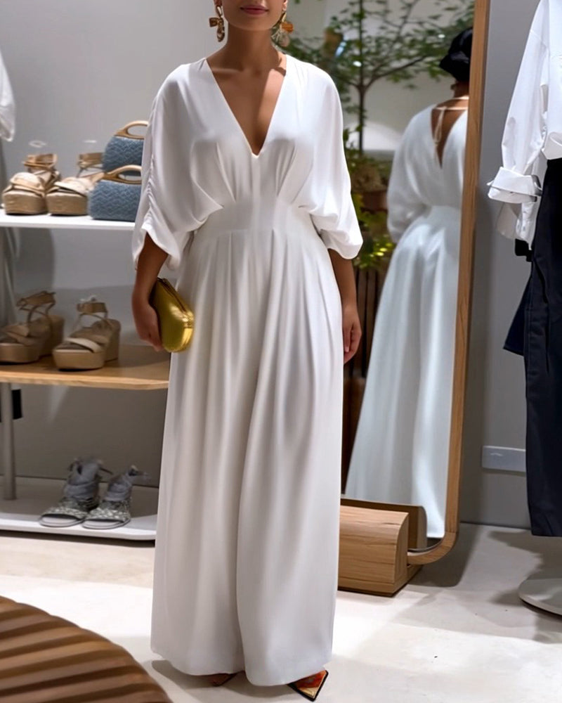 Deep V-Neck Ruched Three Quarters Sleeve Backless Overalls Casual Waist-Gathered Tied Detail Jumpsuit without Belt