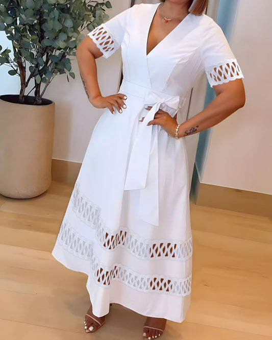 Overlap Deep V-Neck Hollow-out Spliced High Waist Maxi Dress Casual Zipper Back Tie Waist Vacation Dress