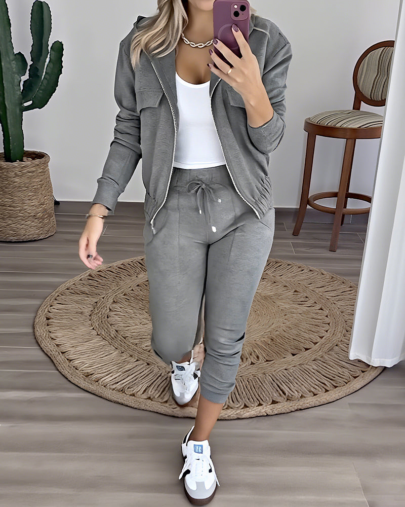 2 Pieces Outfit Long Sleeve Zip Up Flap Pockets Design Stretchy Hem Hoodie Coat and Drawstring Elastic Waist Slim Fit Pants Set