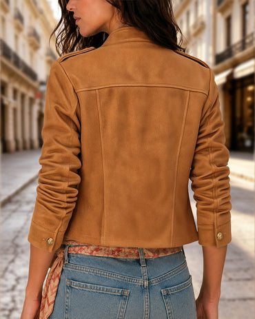 Women's Suede Crop Bomber Jacket Casual Stand Collar Double Breasted Gold Button Coat
