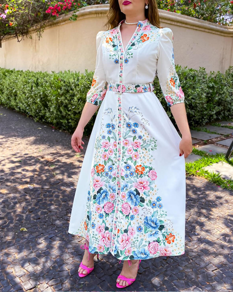 Floral Print V Neck Three Quarters Tied Detail Blouse Dress Casual A Line Slim Fit Maxi Dress