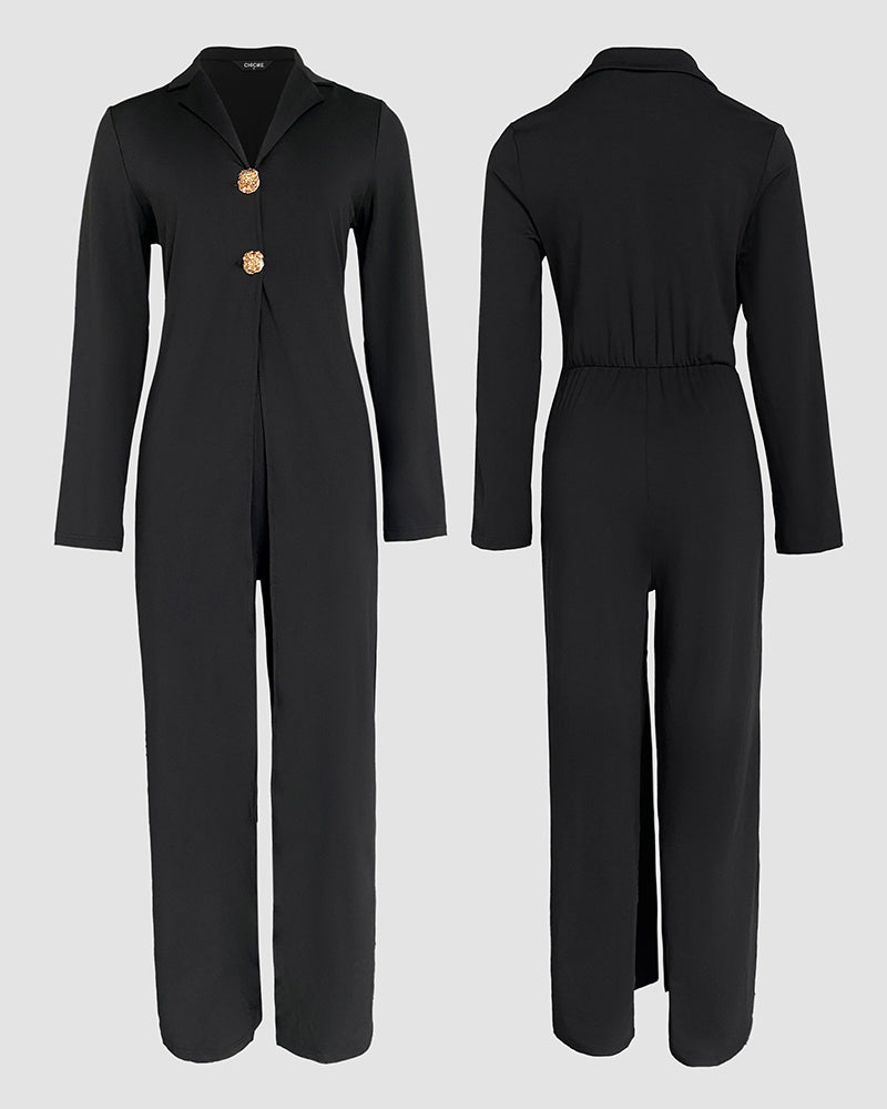 Notched Collar Long Sleeve Button Front Jumpsuit Casual Cinched Waist Wide Leg Faux Two-Piece Jumpsuit