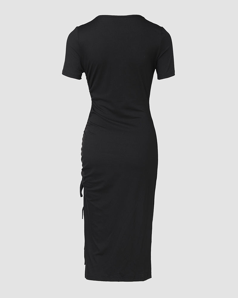 O-neck Short Sleeve Solid Color Cut-Out Ruched Drawstring Bodycon Dress with Side Slit