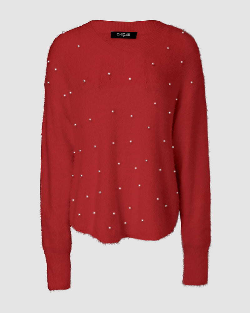 V-Neck Long Sleeve Beaded Decor Oversized Sweater Fluffy Pullover Top