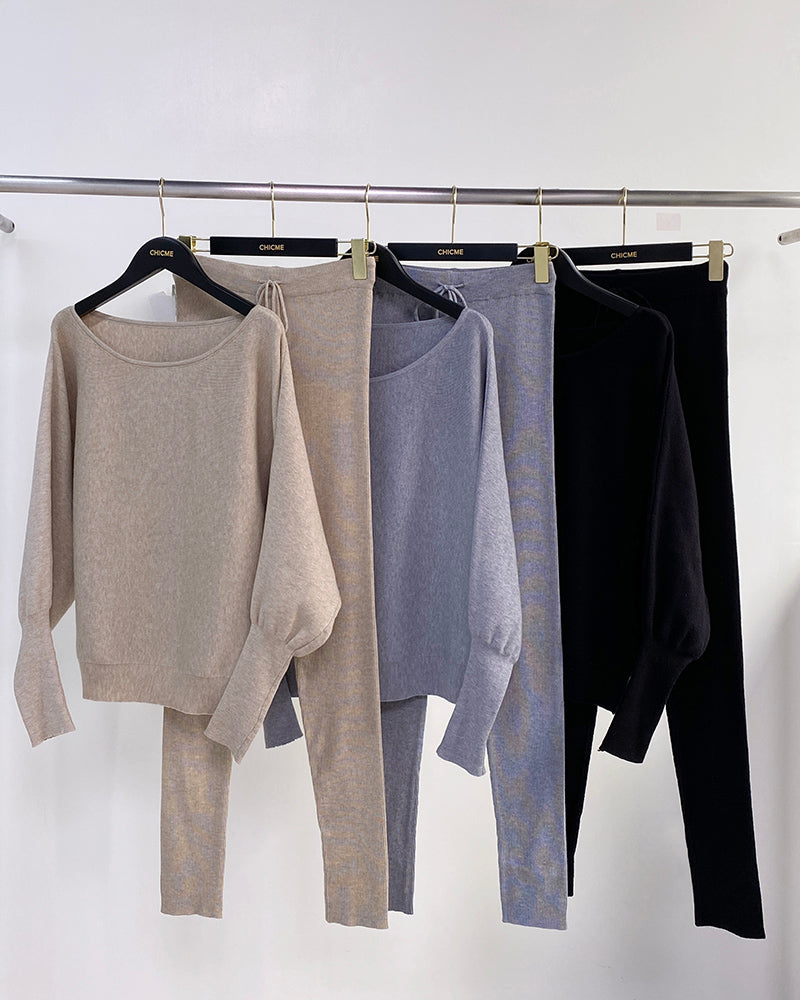 2 Pieces Outfit Skew Neck Long Sleeve Loose Pullover Top and Drawstring High Waist Slim Fit Pants Set