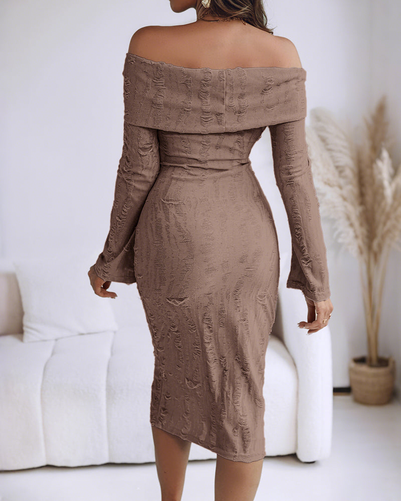 Off Shoulder Long Sleeve Hollow Out Knit Dress Casual Slim Fit Midi Sweater Dress